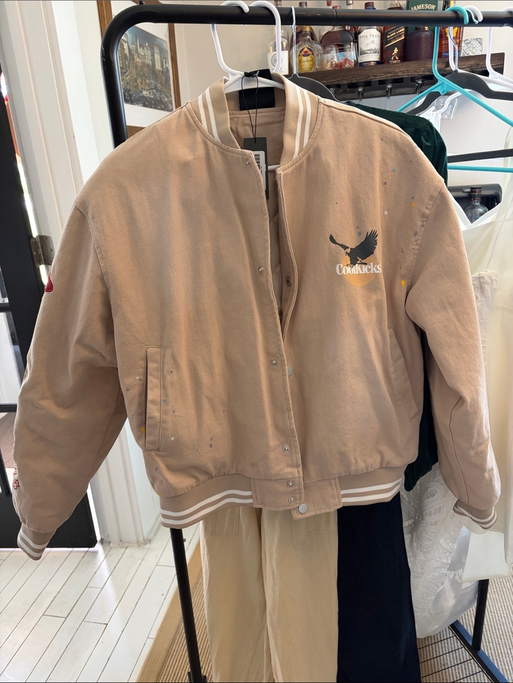 Boohooman Men’s Beige Bomber Jacket with Eagle Logo